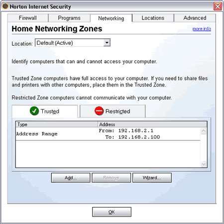 Home Network Trusted Zone for a range of IP addresses in Norton firewall