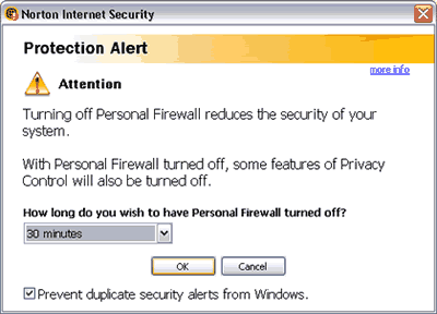 turning off Norton firewall for 30 minutes to allow file and printer sharing