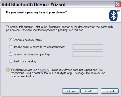 Add Bluetooth Device Wizard passkey (PIN) input