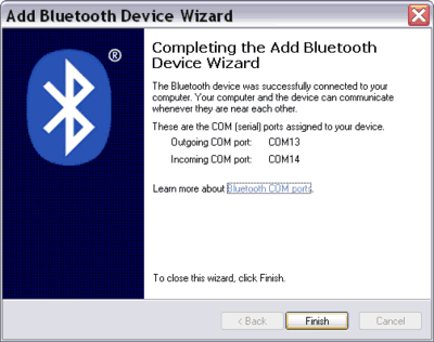 Add Bluetooth Device Wizard finish