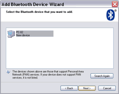 selecting a Bluetooth device from the Add Bluetooth Device Wizard