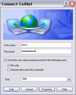 Connect dialog box for GPRS Internet connection using Standard Modem over Bluetooth link