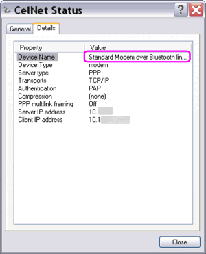 Bluetooth GPRS Internet connection status details - IP addresses and protocols