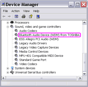 Bluetooth audio device (WDM) from TOSHIBA on the Device Manager
