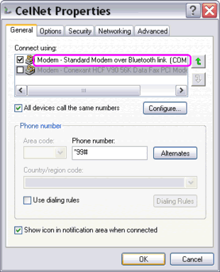 Standard Modem over Bluetooth link selected on GPRS connection properties window