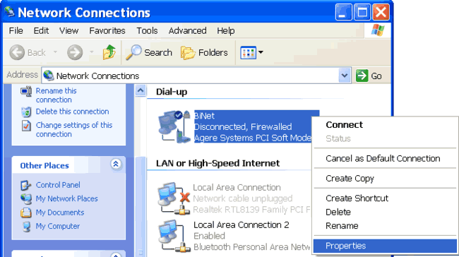 Internet connection icon on Network Connections