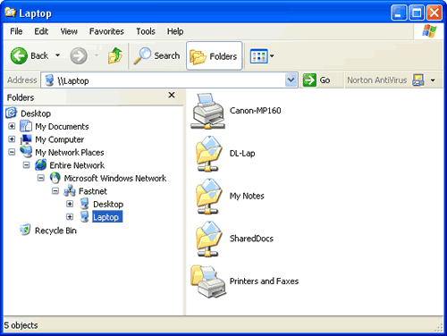 Windows Explorer: My Network Places: Microsoft Windows Network: exploring the Laptop folders and printers from the Desktop