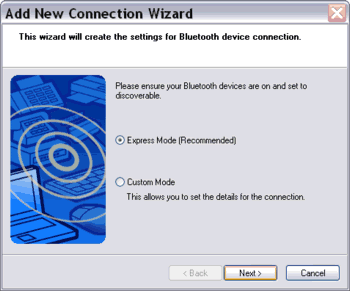 Add New Connection Wizard on TOSHIBA Bluetooth stack