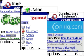 Google, Yahoo, and Conniq.com on Opera phone micro browser