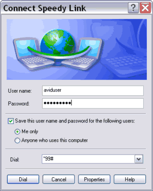 Connect dialog box for GPRS Internet connection using Standard Modem over infrared (IR) link