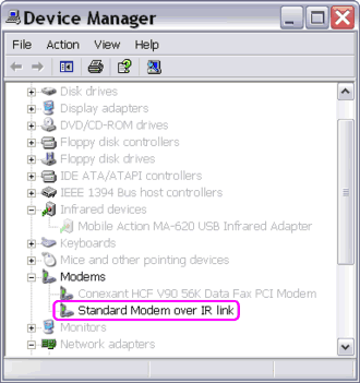 Standard modem over IR link on the Device Manager
