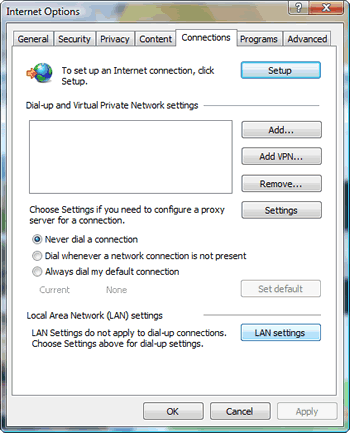 Windows Vista : Internet Explorer : Tools : Internet Options : Connections tab : select 'Never dial a connection' for the ICS to work.