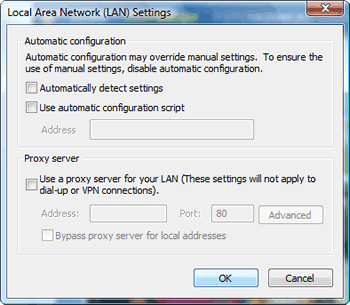 Windows Vista : Internet Explorer : Tools : Internet Options : Connections tab : LAN settings : under Automatic configuration, clear 'Automatically detect settings' and 'Use automatic configuration script'; under Proxy server, clear 'Use a proxy server for your LAN'.