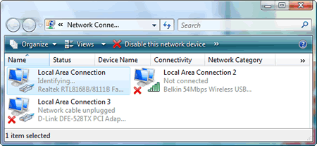 Windows Vista : Network Connections folder : Identifying... Local Area Connection