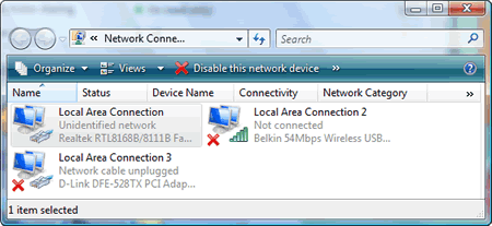 Windows Vista : Network Connections - Local Area Connection - Unidentified network
