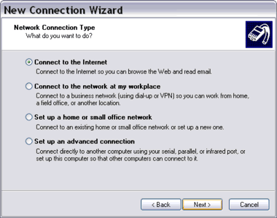 New Connection Wizard connect to the Internet