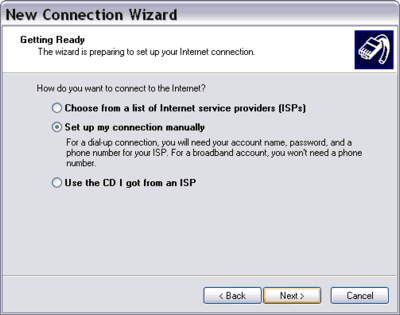 New Connection Wizard setup connection manually