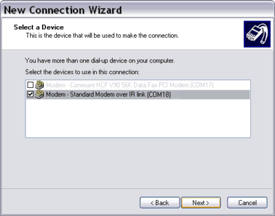 New Connection Wizard Standard Modem over infrared (IR) link