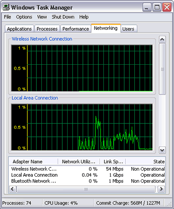 Windows XP : Windows Task Manager : monitoring Local Area Connections (direct Ethernet connection and wireless Internet connection) - adapter name, network utilization, link speed, state (operational/non operational)