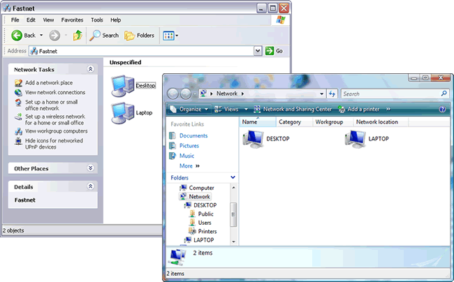 viewing workgroup computers from Network folder (Windows Vista) and from My Network Places (Windows XP)