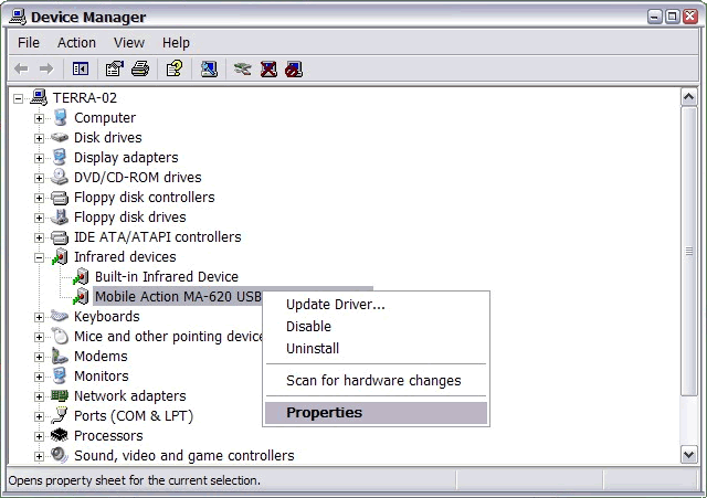 MA-620 IrDA adapter driver on the Device Manager - Windows XP (SP2)