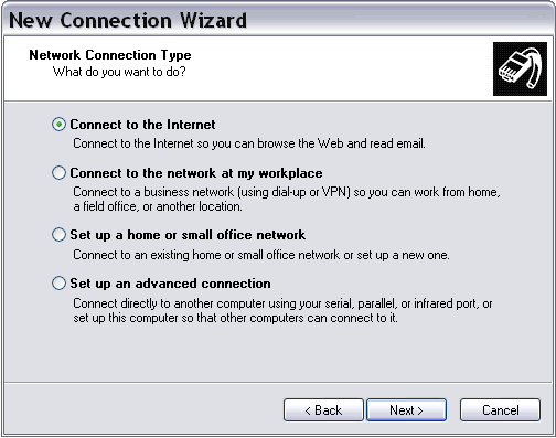 New Connection Wizard in Windows XP (SP2)