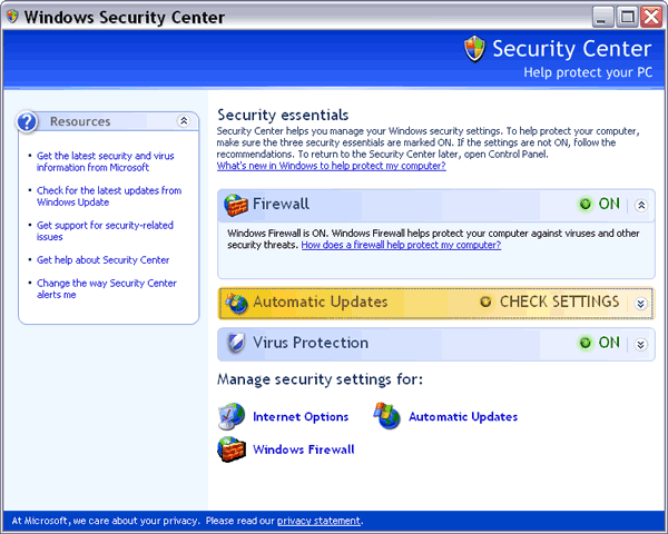 Windows Security Center in Windows XP (SP2)