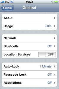 iPhone 3G screen after tapping Settings>General: find Bluetooth Off