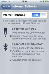 iPhone 3G screen after tapping Settings>General>Network>Internet Tethering: ON