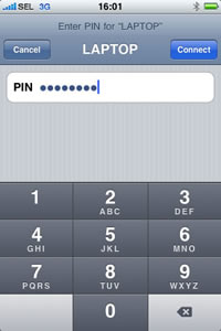 iPhone 3G screen : Enter PIN for 'LAPTOP' computer. Cancel. Connect. PIN entry box and on-screen keypad.