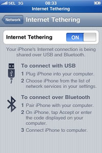 iPhone 3G screen: Setting > General > Network > Internet Tethering, slider ON.