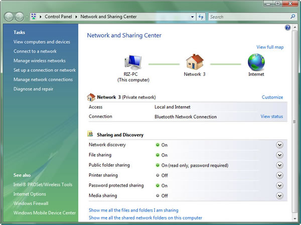 Windows Vista > Control Panel > Network and Sharing Center : RIZ-PC (This computer) is connected to Internet via Network 3 gateway (iPhone 3G) - Bluetooth Network Connection - Private network