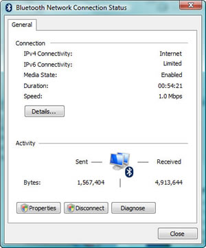 Bluetooth Network Connection Status > General tab > Connection : IPv4 Connectivity (Internet) - IPv6 Connectivity (Limited) - Media State (Enabled) - Duration (hours:minutes:seconds) - Speed (1 Mbps); Activity : Sent and Received Bytes