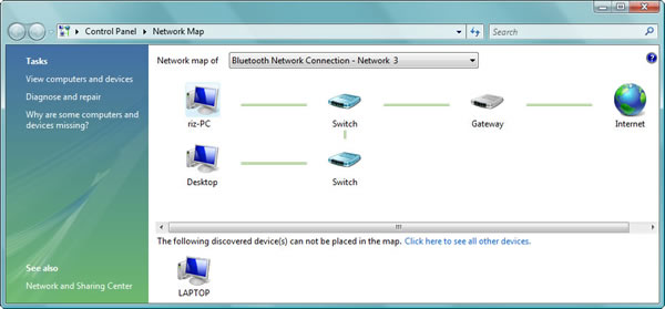 Start > Control Panel > Network Map > Bluetooth Network Connection - Network 3 : Windows Vista computers (RIZ-PC and DESKTOP) are connected to the Internet via Switches and Gateway (iPhone 3G), LAPTOP (Windows XP) is not placed on the map.