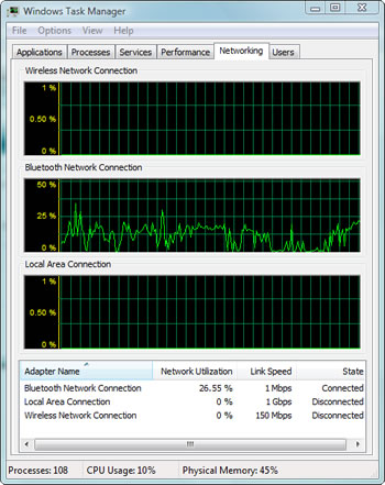Windows Vista > Task Manager > Networking : Adapter Name (Bluetooth Network Connection) - Network Utilization (percentage) - Link Speed (1 Mbps) - Status (Connected)