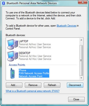 Bluetooth Personal Area Network Devices : Bluetooth devices : iPhone - PAN Network Access Profile - Network Access Point : Disconnect.