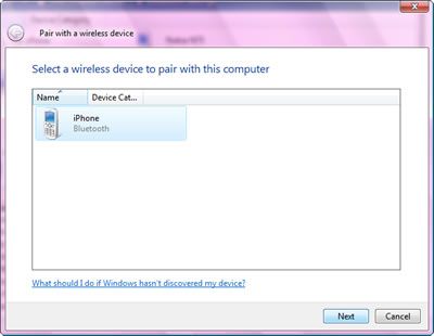 Bluetooth Devices > Add Wireless Device > Pair with a wireless device : Select a wireless device to pair with this computer, iPhone Bluetooth selected, click Next.