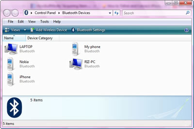 Control Panel > Bluetooth Devices > File - Edit - View - Tools - Help; Views - Add Wireless Device - Bluetooth Settings; LAPTOP, My phone, Nokia, RIZ-PC, iPhone; 5 items.