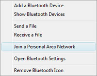 Windows Vista > Bluetooth taskbar icon : Join a Personal Area Network selected.