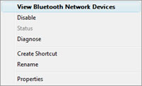 Network Connections > Bluetooth Network Connection right-click menu : View Bluetooth Network Devices selected