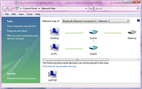Windows Vista > Control Panel > Network Map : Bluetooth Network Connection 4 - Network 4 : Windows Vista computers (DESKTOP and RIZ-PC) connected to Gateway (iPhone 3G); The following discovered device(s) can not be placed in the map : Windows XP computer (LAPTOP)