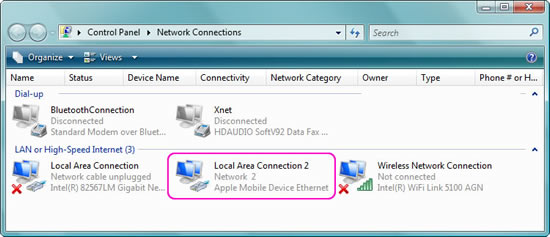 Control Panel > Network Connections : LAN or High-Speed Internet : Local Area Connection 2, Network 2, Apple Mobile Device Ethernet