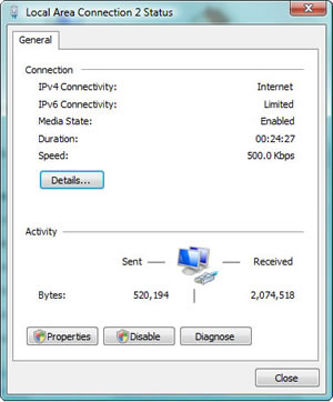 Local Area Connection 2 Status: IPv4 Connectivity (Internet) - IPv6 Connectivity (Limited) - Media State (Enabled) - Duration hours:minutes:seconds (00:24:27) - Speed (500 kbps) - Activity (Sent and Received bytes)