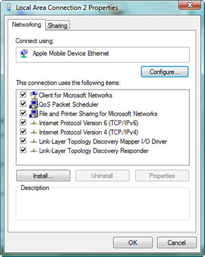 Local Area Connection 2 Properties > Networking tab : Apple Mobile Device Ethernet, select Internet Protocol Version 4 (TCP/IPv4) Properties.