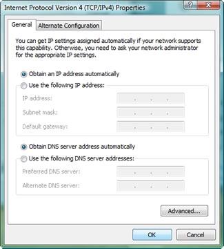 Internet Protocol Version 4 (TCP/IPv4) Properties > General tab : You can get IP settings assigned automatically if your network supports this capability. Otherwise, you need to ask your network administrator for the appropriate IP settings.