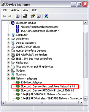 Windows XP > Device Manager > LAPTOP TOSHIBA PORTEGE M500 : Network adapters : Bluetooth Device (Personal Area Network #6)