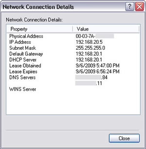 Windows XP > Network Connection Details : Physical Address - IP Address (192.168.20.5) - Subnet Mask (255.255.255.0) - Default Gateway / DHCP Server (192.168.20.1) - Leased Obtained - Leased Expires - DNS Servers
