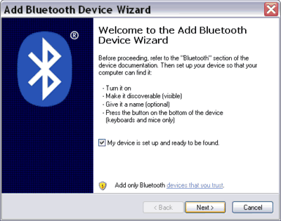 Add Bluetooth Device Wizard start