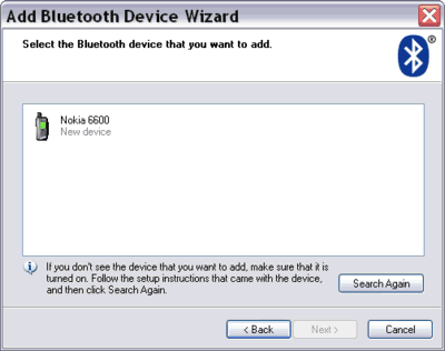 Add Bluetooth Device Wizard finding a cell phone