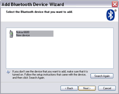 Add Bluetooth Device Wizard selecting a cell phone